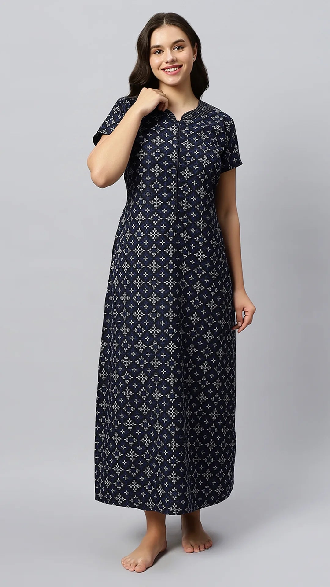 Sukanya Women's Geometrical Lounge Wear Gown - Coffee, Blue & Wine Poly Cotton, Regular Fit, Half Sleeves, Round Neck