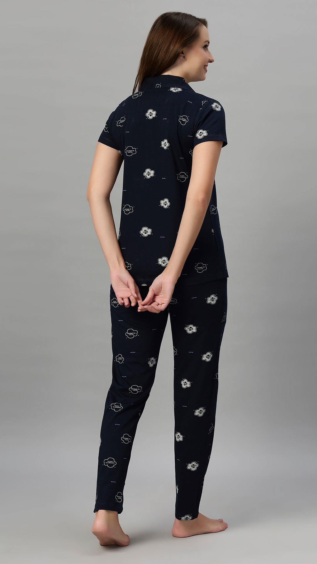 Sukanya Women's Navy Printed Half Sleeves Regular Fit Night Suit Set | Sinker Lounge Wear Pyjama Set Sleepwear Nightwear Loungewear
