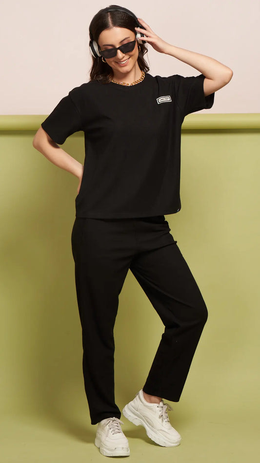 Lunica Women's Printed Sinker Nightsuit Set , Regular Fit Loungewear , Ideal for Women , Lounge Wear Nightdress Pyjama Set Sleepwear, Black Printed Half Sleeves Round Neck