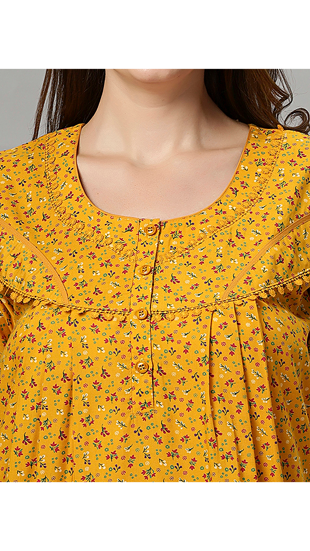 Sukanya Women's Floral Print Lounge Wear Gown - Poly Cotton, Regular Fit, Ideal For Women's, Lounge Wear, Flower Print, Half Sleeves, Round Neck, Blue, Red & Yellow