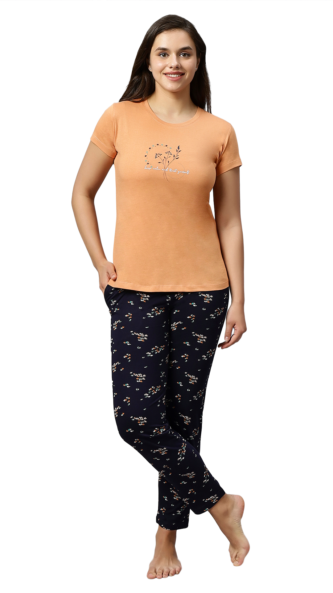 Sukanya Women's Printed Lounge Wear Top & Pyjama Set - Regular Fit, Ideal For Women's, Lounge Wear, Sinker Fabric, Half Sleeve, Orange, Round Neck