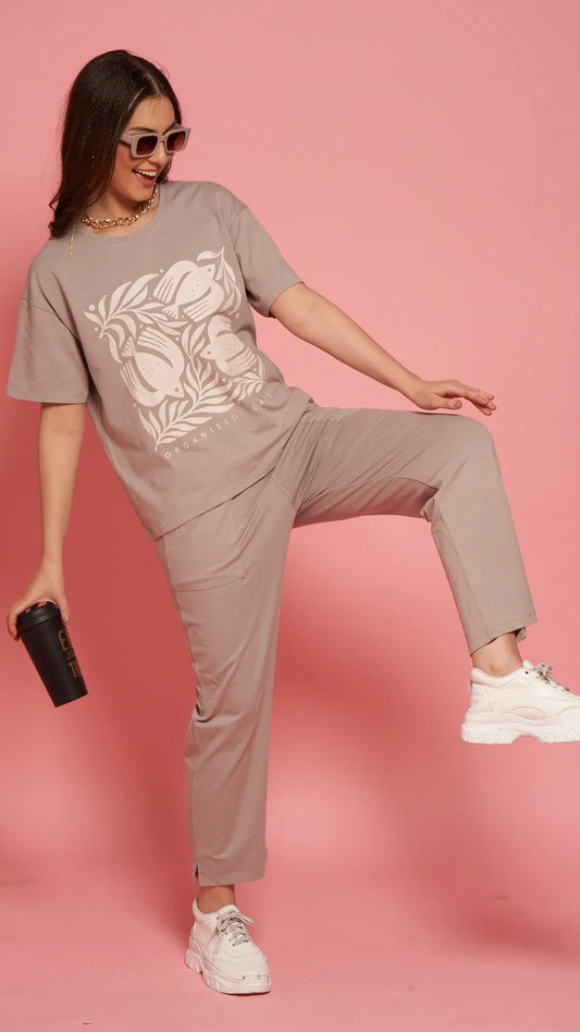 Lunica Women's Printed Sinker Nightsuit Set , Regular Fit Loungewear , Ideal for Women , Lounge Wear Nightdress Pyjama Set Sleepwear , Cement Printed Half Sleeves Round Neck