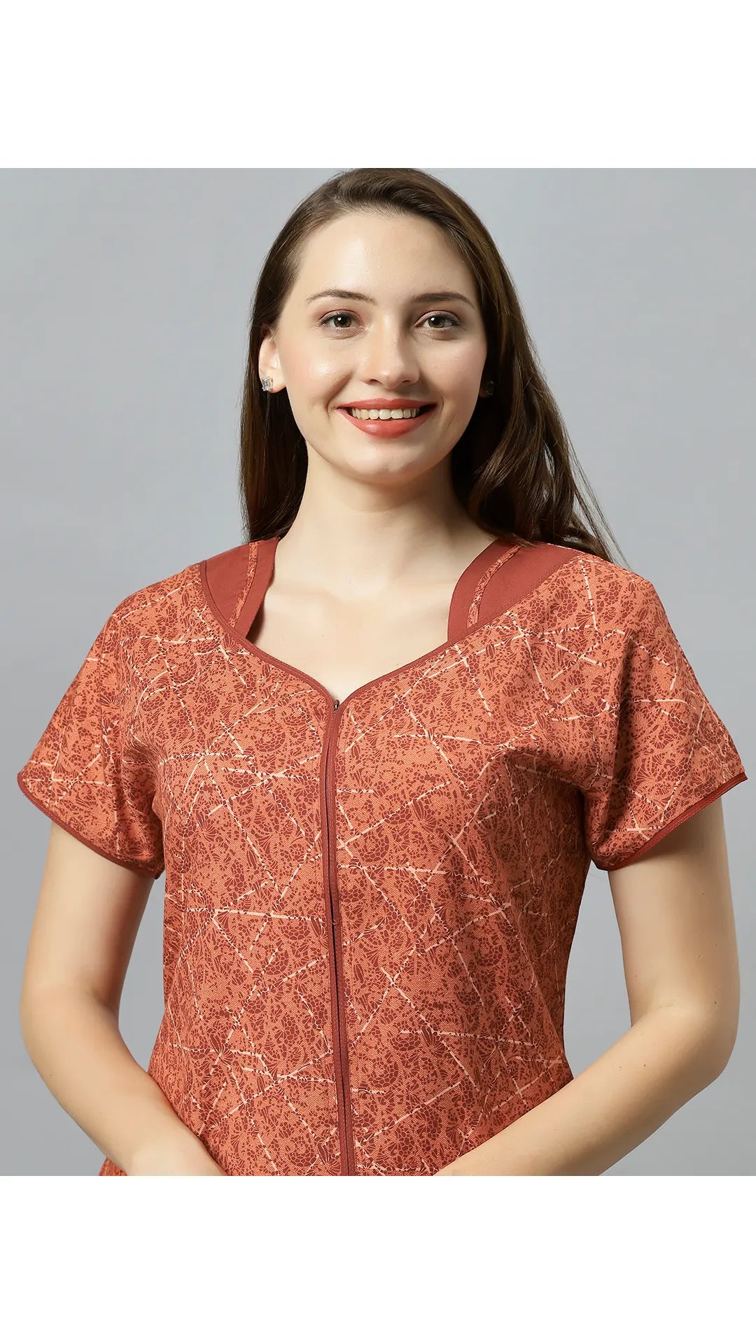 Sukanya Women's Printed Poly Cotton Lounge Wear Gown - Brown, Regular Fit, Ideal For: Women's, Occasion: Lounge Wear, Sleeve Type: Half Sleeves, Collar Type: V-neck
