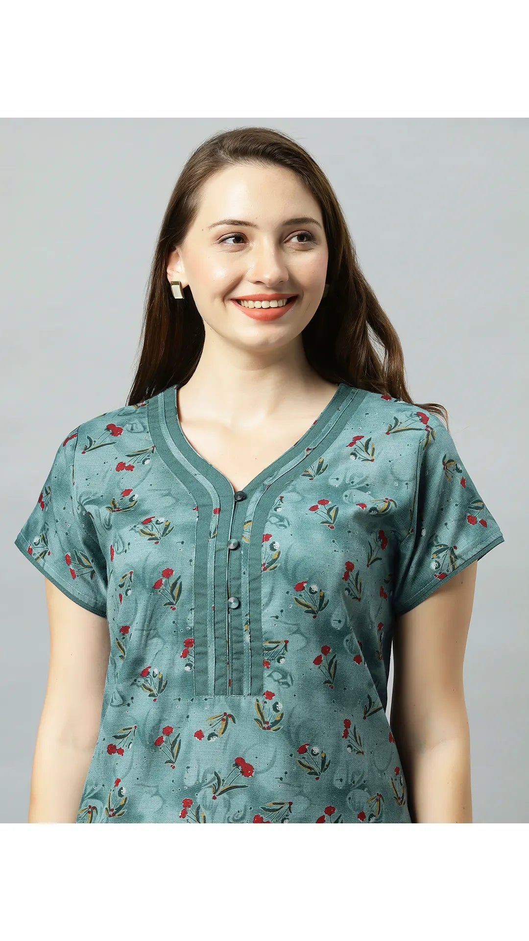 Sukanya Women's Blue, Green & Red, Floral Printed Poly Cotton Lounge Wear Gown - Regular Fit, V-neck, Half Sleeves