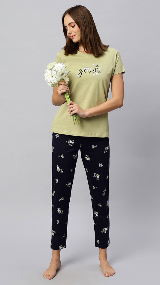 Sukanya Women's Printed Top & Pyjama Set, Pista, Regular Fit, Ideal For Lounge Wear, Sinker Fabric, Half Sleeve, Round Neck