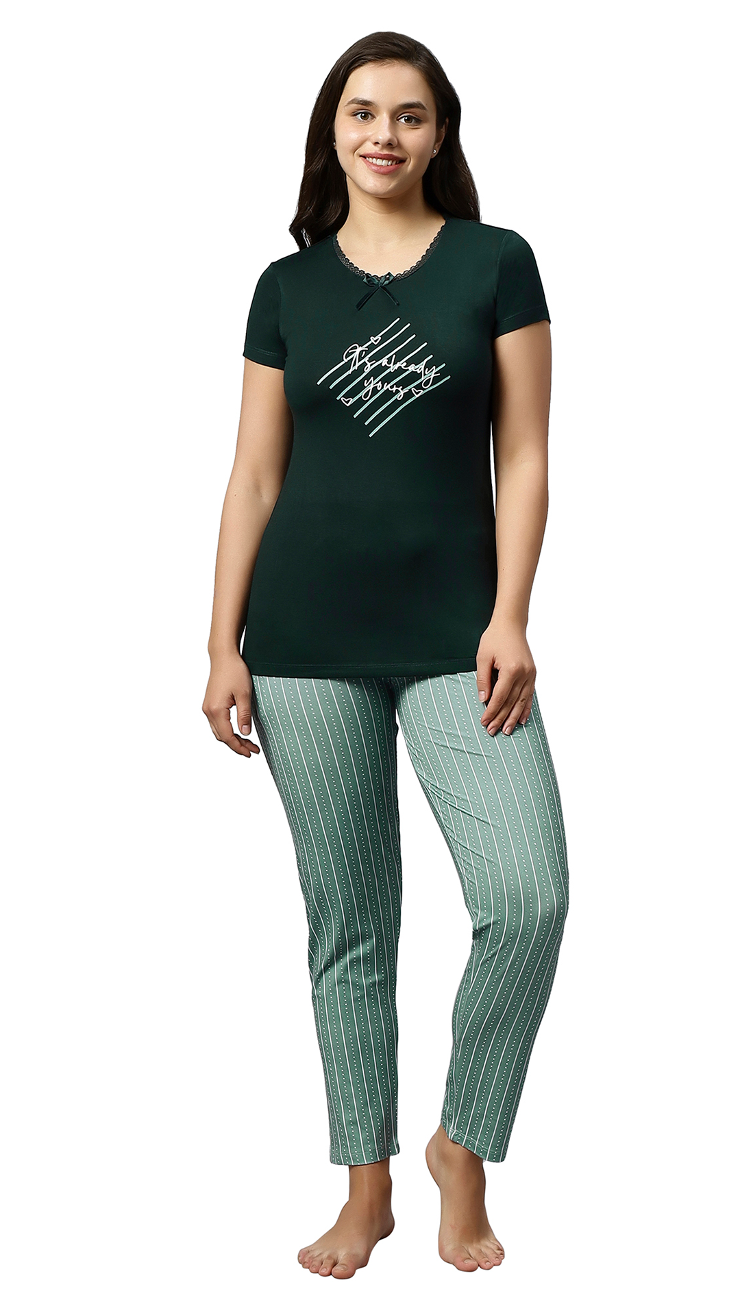 Sukanya Women's Printed Lounge Wear Top & Pyjama Set - Regular Fit, Ideal For Women's, Lounge Wear, Sinker Fabric, Half Sleeve, Round Neck, Green