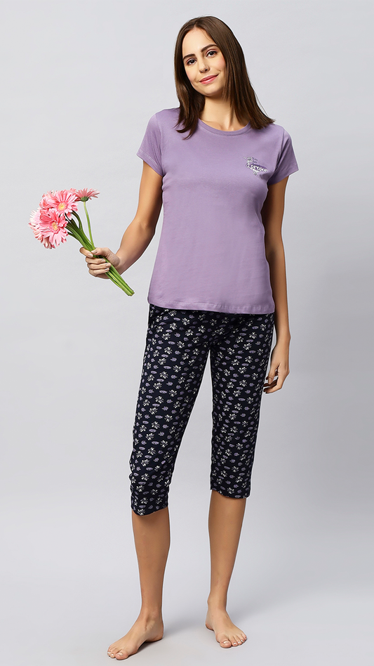 Sukanya Women's Printed Lounge Wear Top & Capri Set - Purple, Regular Fit, Ideal For Women's, Lounge Wear Outfit, Sinker Fabric, Half Sleeve, Round Neck