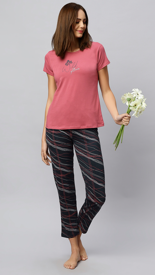 Sukanya Women's Lounge Wear Top & Pyjama Set - Dark Pink, Printed, Sinker Fabric, Regular Fit, Half Sleeve, Round Neck