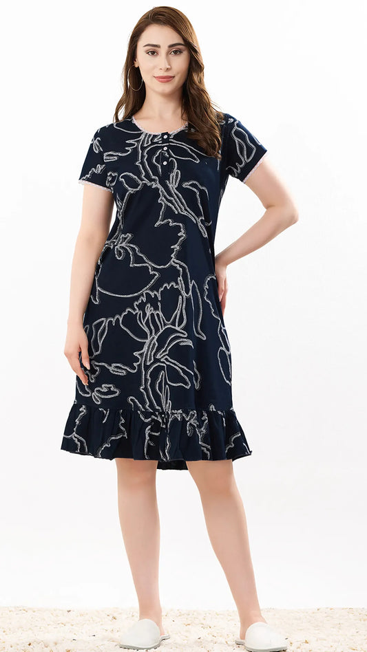 Sukanya  Women's Printed Lounge Wear Gown - Navy, Regular Fit, Ideal for Women's, Sinker Fabric, Half Sleeves, Round Neck