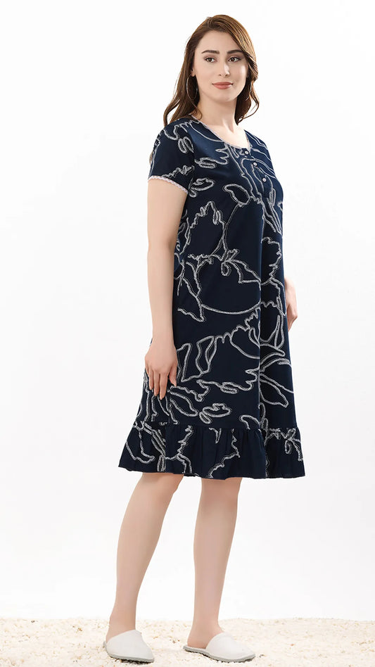 Sukanya  Women's Printed Lounge Wear Gown - Navy, Regular Fit, Ideal for Women's, Sinker Fabric, Half Sleeves, Round Neck
