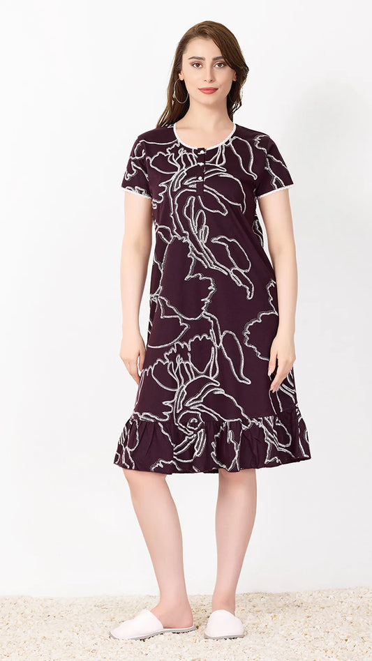 Sukanya  Women's Printed Lounge Wear Gown - Wine, Regular Fit, Ideal for Women's, Sinker Fabric, Half Sleeves, Round Neck