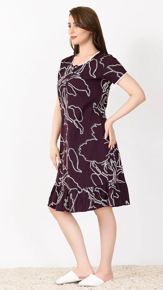 Sukanya  Women's Printed Lounge Wear Gown - Wine, Regular Fit, Ideal for Women's, Sinker Fabric, Half Sleeves, Round Neck