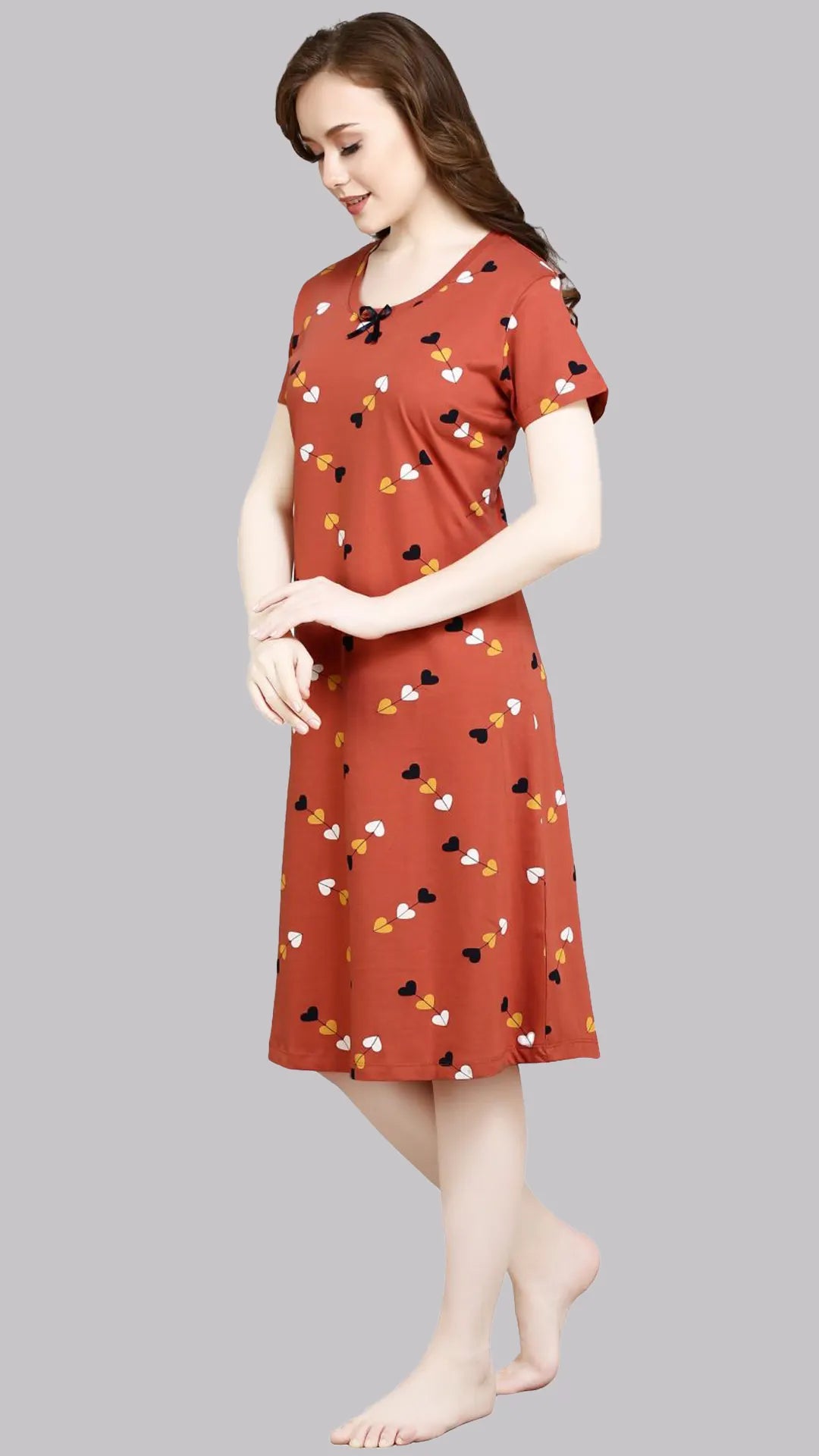 Sukanya  Women's Printed Lounge Wear Gown - Orange, Regular Fit, Ideal for Women's, Sinker Fabric, Half Sleeves, Round Neck