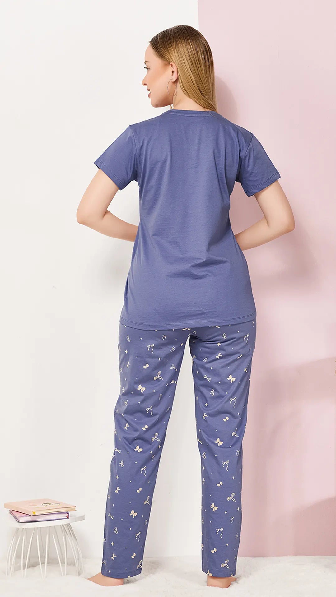 Blue Printed Half Sleeves Round Neck