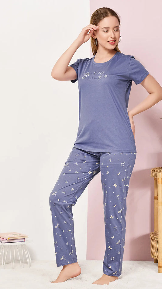 Blue Printed Half Sleeves Round Neck