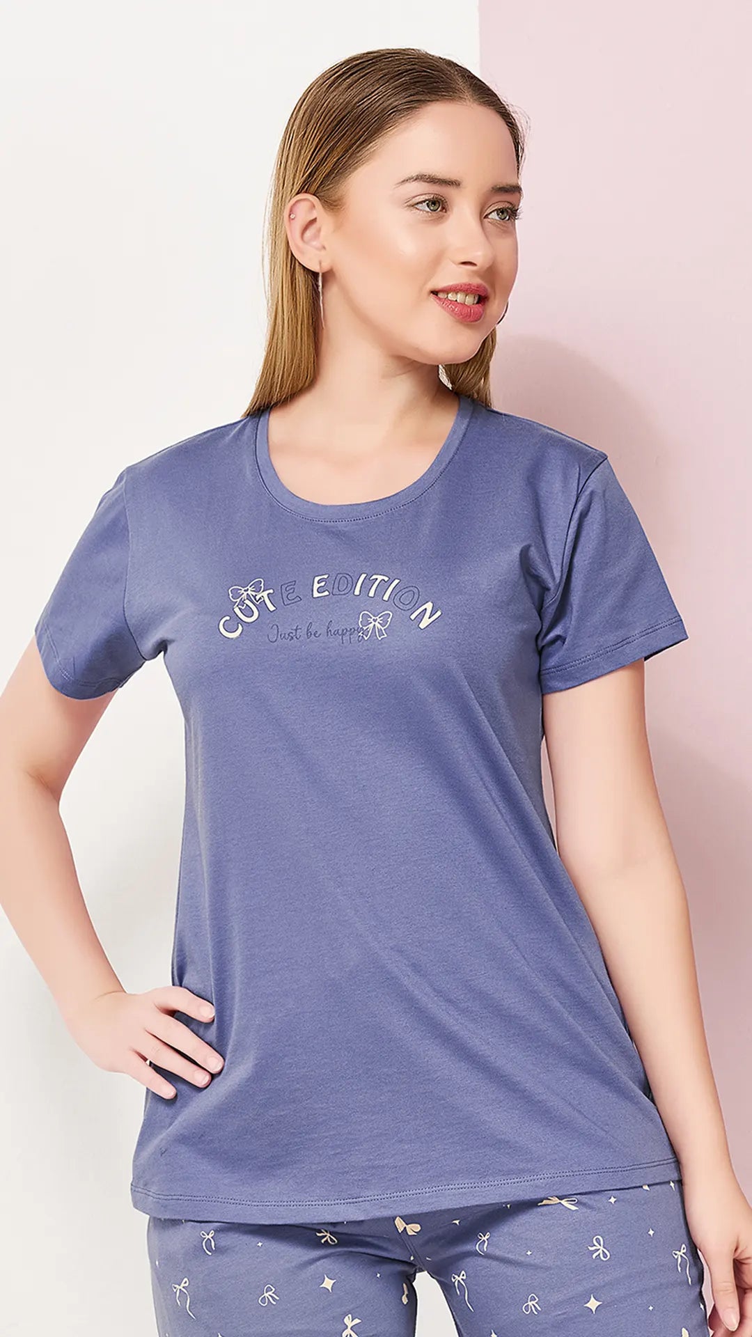 Blue Printed Half Sleeves Round Neck