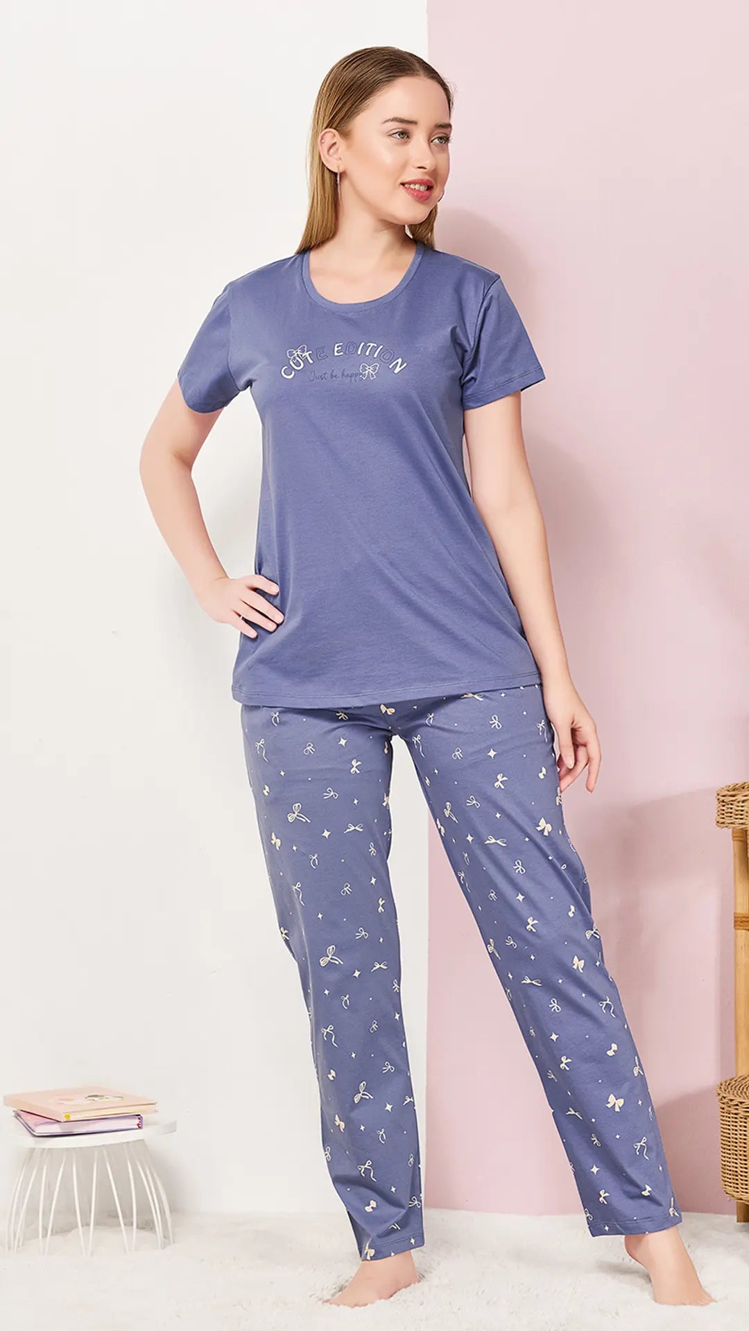 Blue Printed Half Sleeves Round Neck