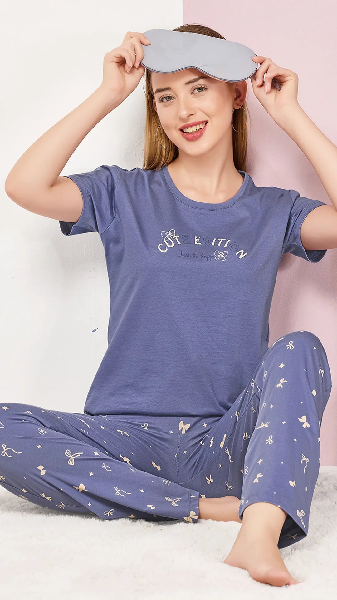 Blue Printed Half Sleeves Round Neck