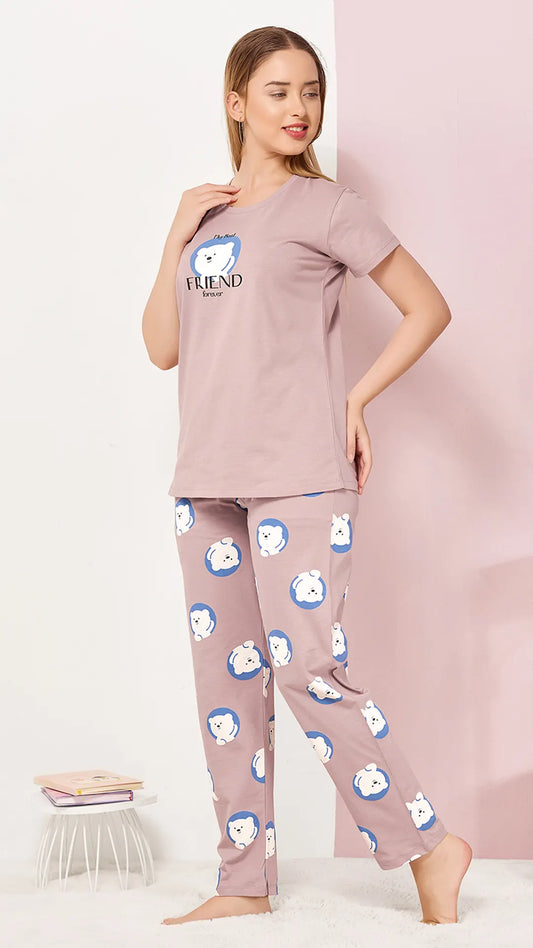 Lilac Printed Half Sleeves Round Neck
