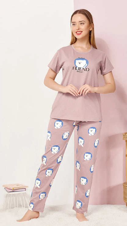 Lilac Printed Half Sleeves Round Neck
