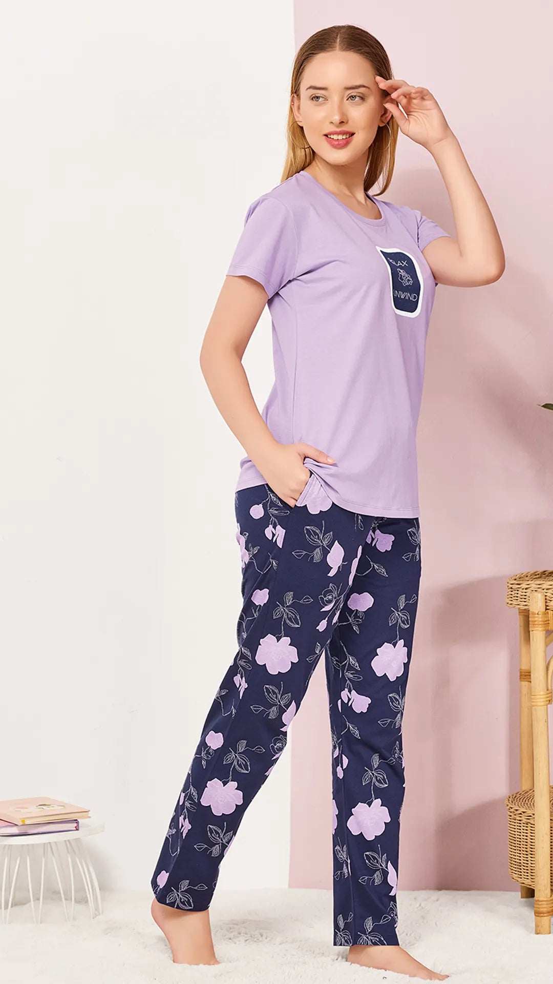 Purple Printed Half Sleeves Round Neck