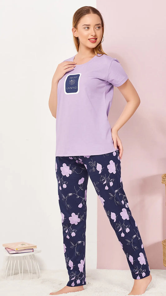 Purple Printed Half Sleeves Round Neck