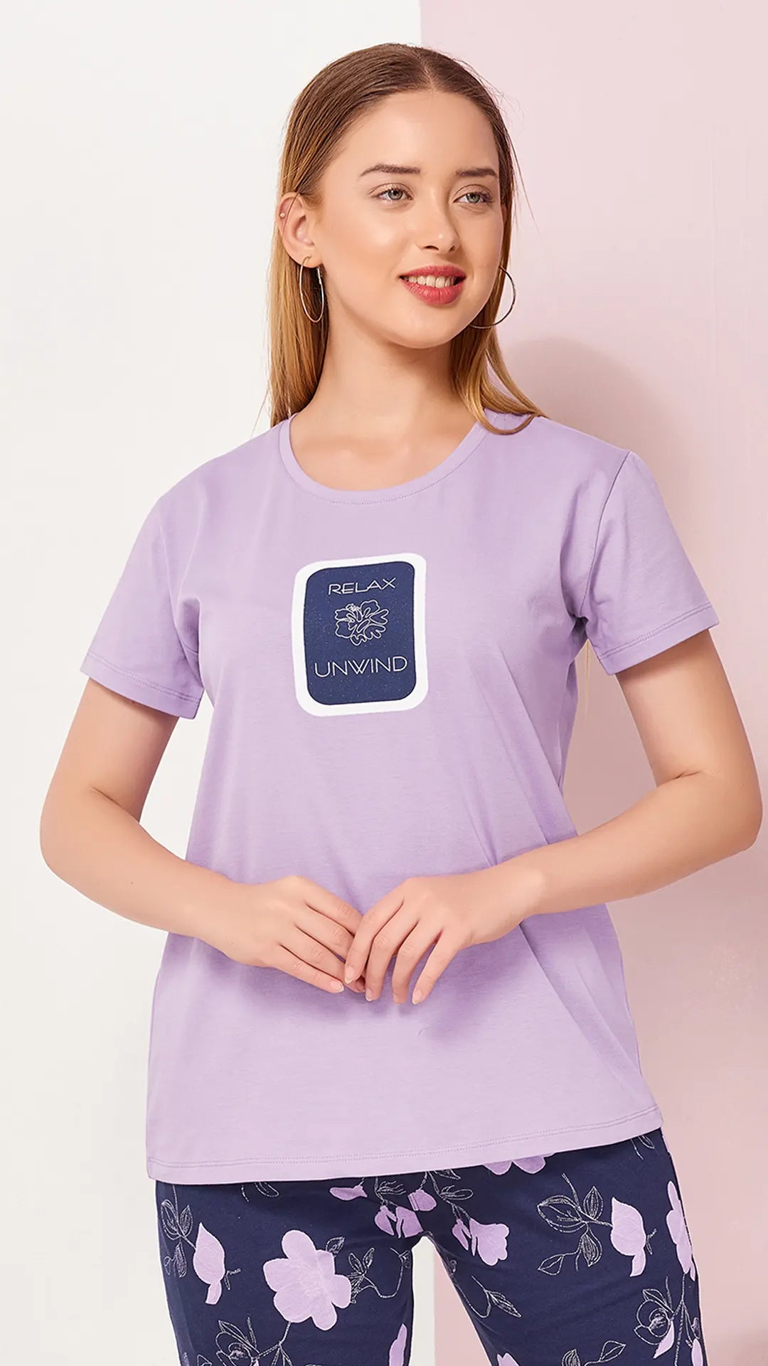 Purple Printed Half Sleeves Round Neck