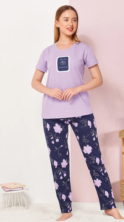 Purple Printed Half Sleeves Round Neck