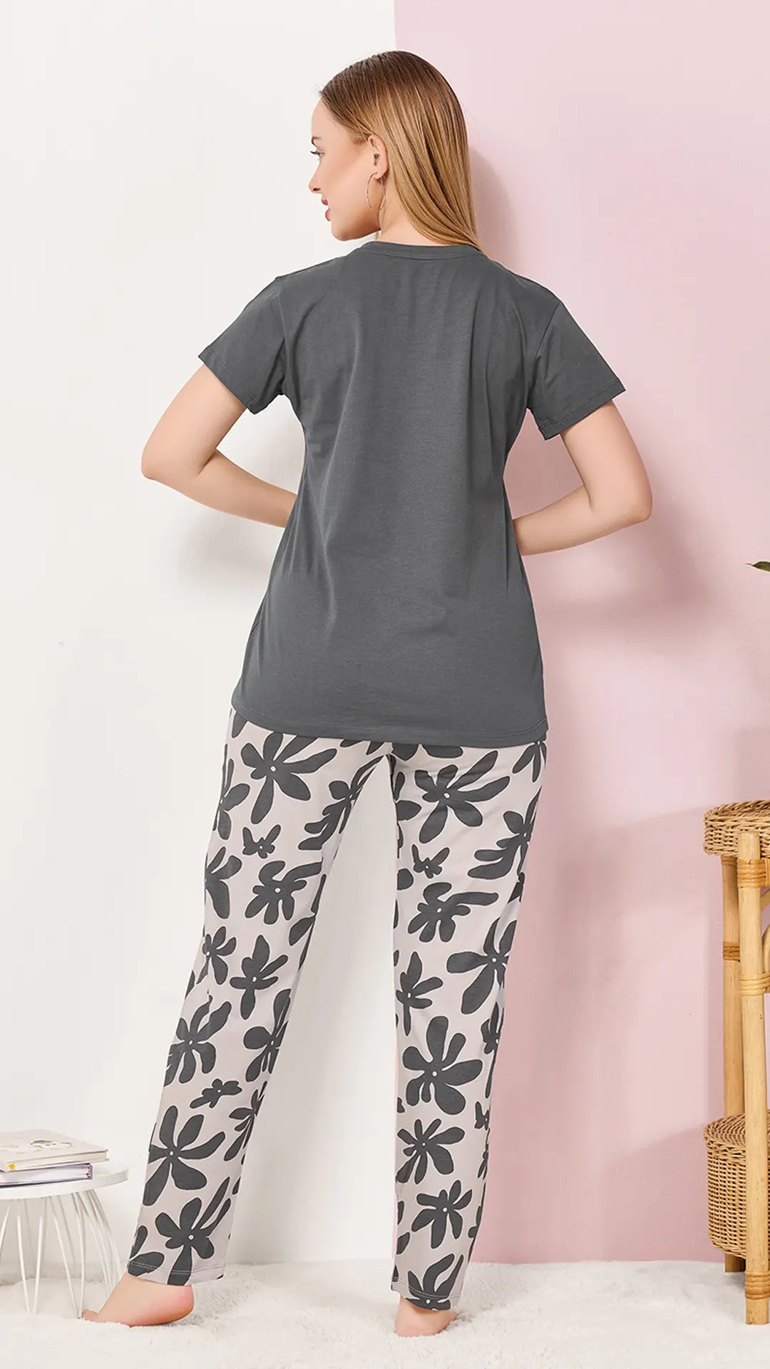 Gray Printed Half Sleeves Round Neck