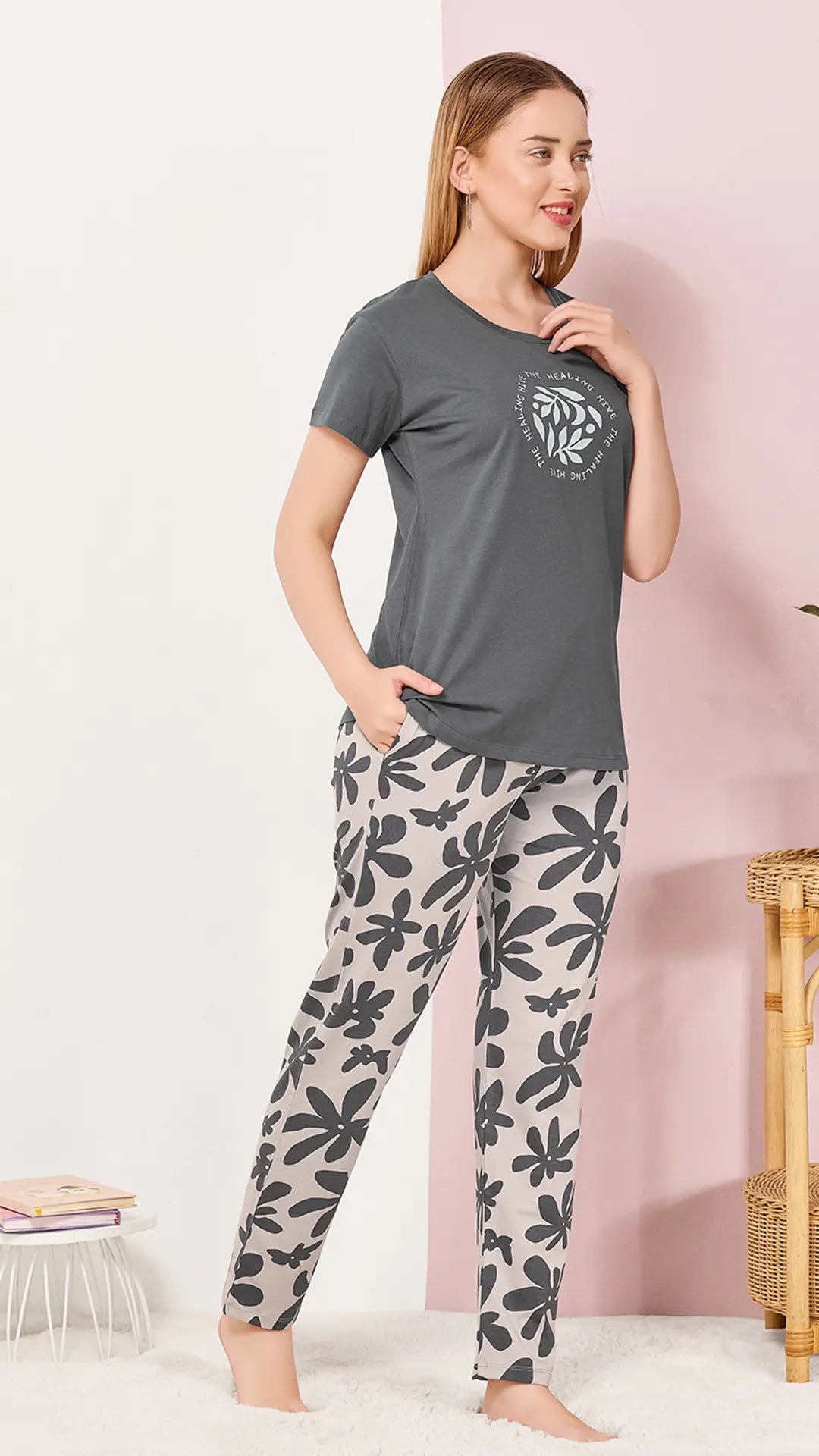 Gray Printed Half Sleeves Round Neck