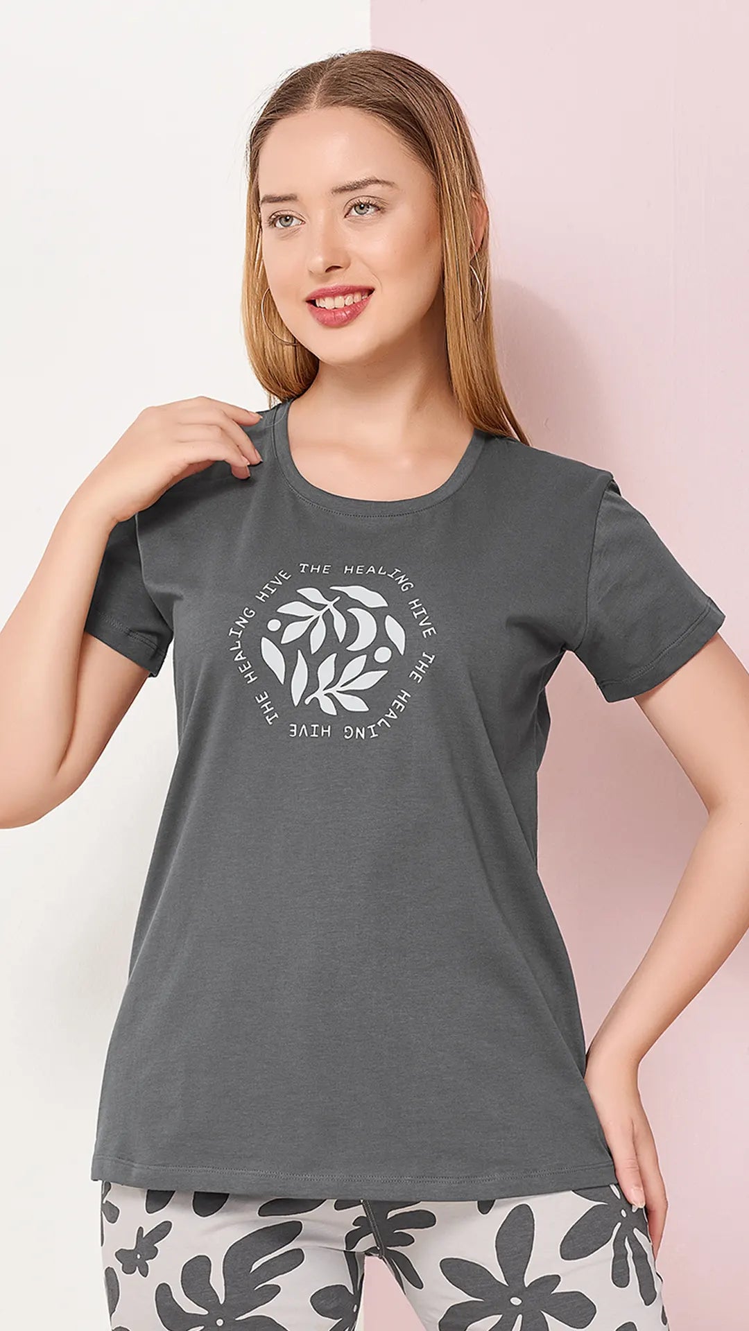 Gray Printed Half Sleeves Round Neck