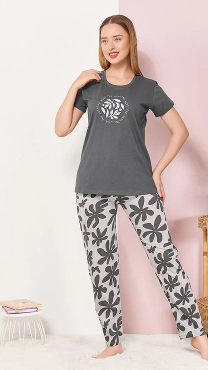 Gray Printed Half Sleeves Round Neck