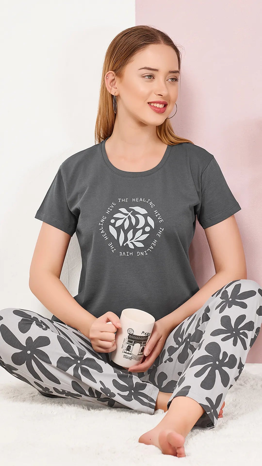 Gray Printed Half Sleeves Round Neck