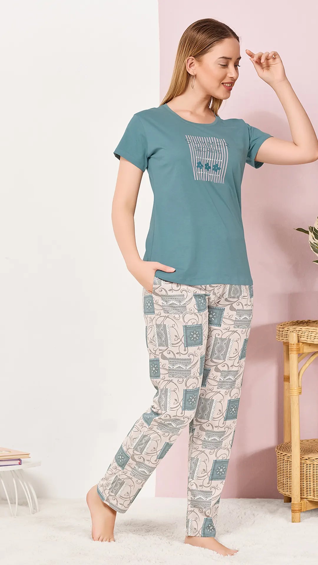 Petrol Printed Half Sleeves Round Neck