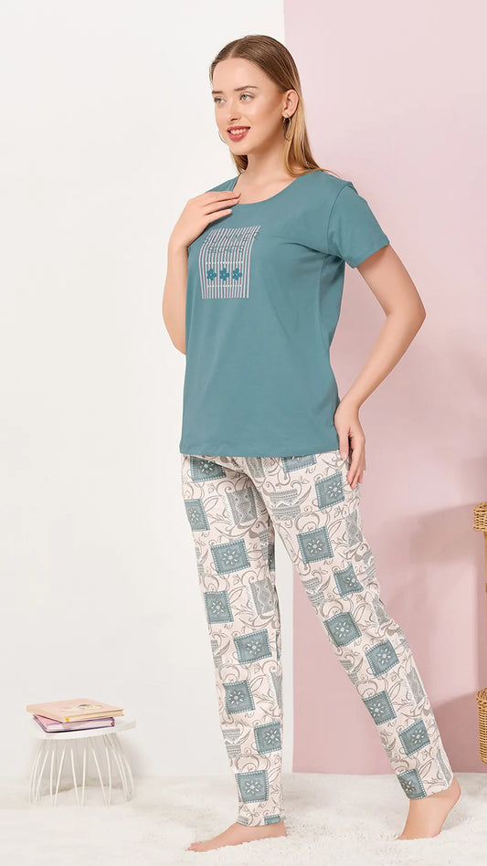 Petrol Printed Half Sleeves Round Neck