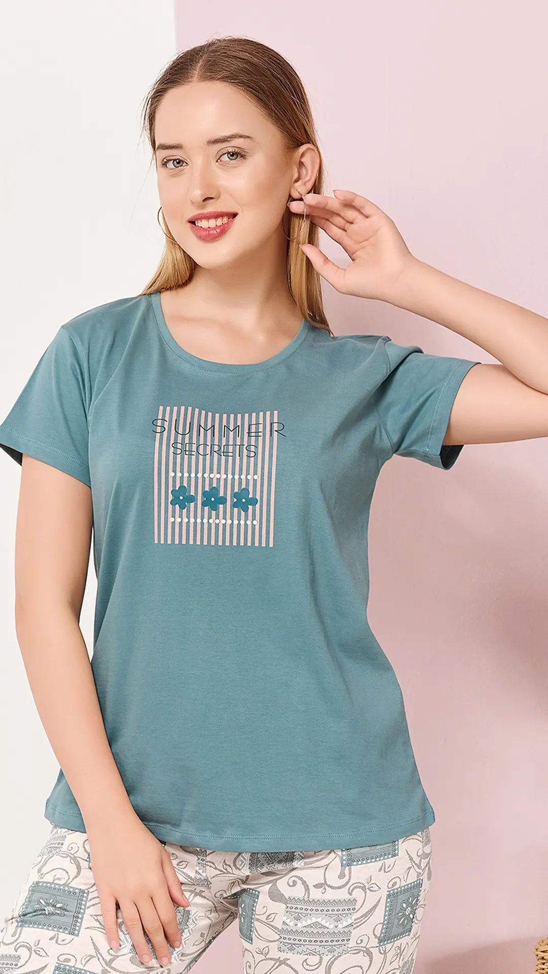 Petrol Printed Half Sleeves Round Neck