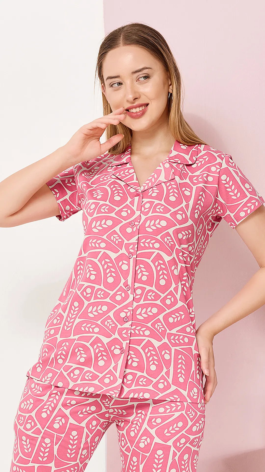 Pink Printed Half Sleeves Round Neck