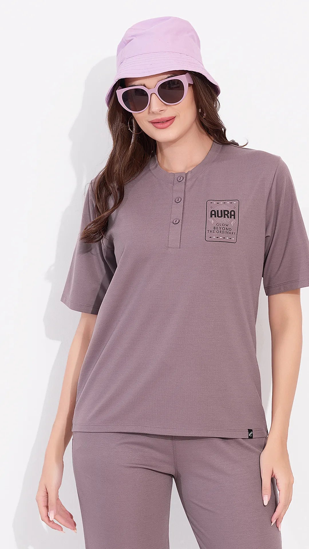 Mauve Printed Half Sleeves Round Neck