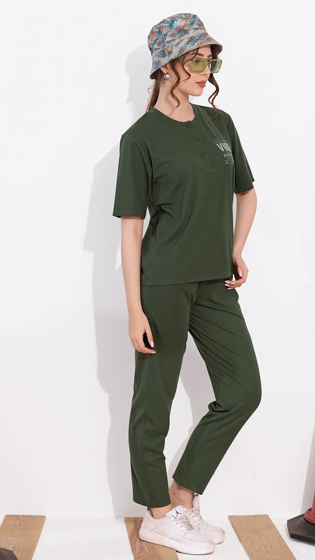 Olive Printed Half Sleeves Round Neck