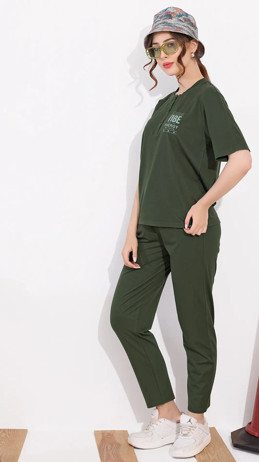 Olive Printed Half Sleeves Round Neck