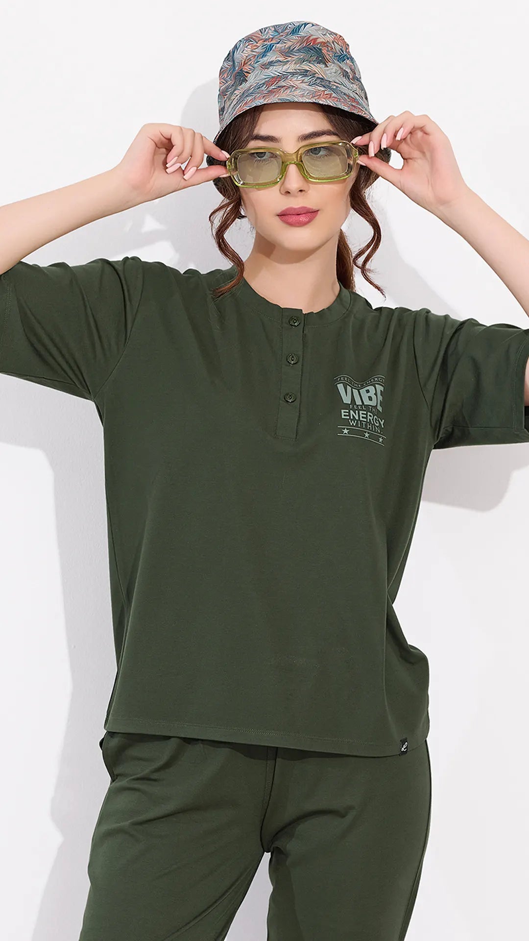 Olive Printed Half Sleeves Round Neck