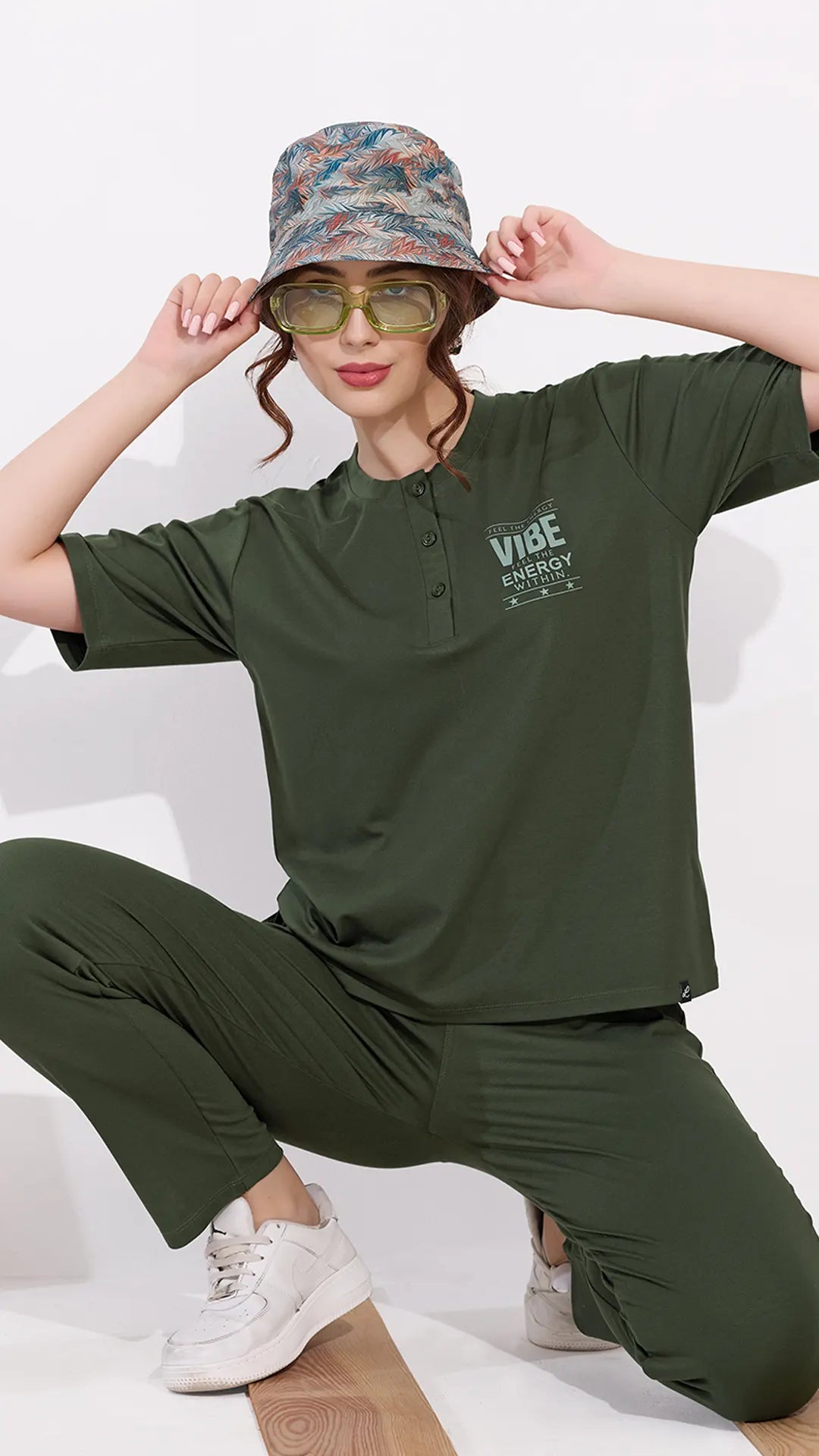 Olive Printed Half Sleeves Round Neck