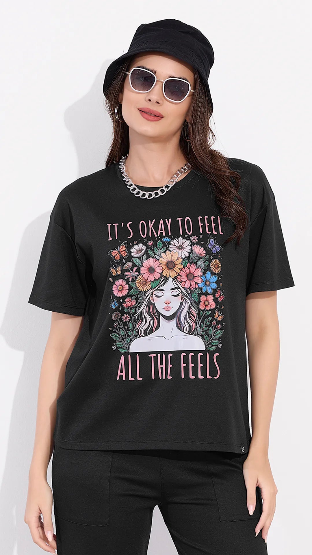 Black Printed Half Sleeves Round Neck