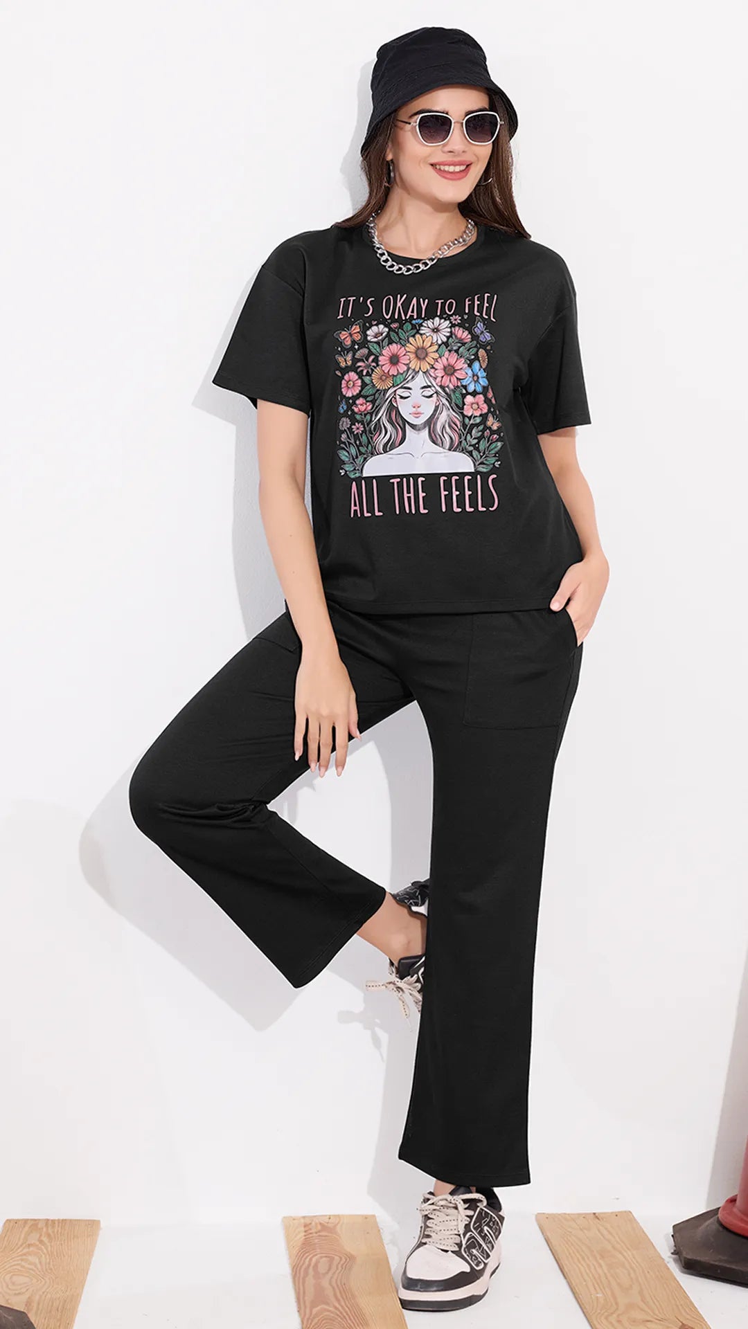 Black Printed Half Sleeves Round Neck