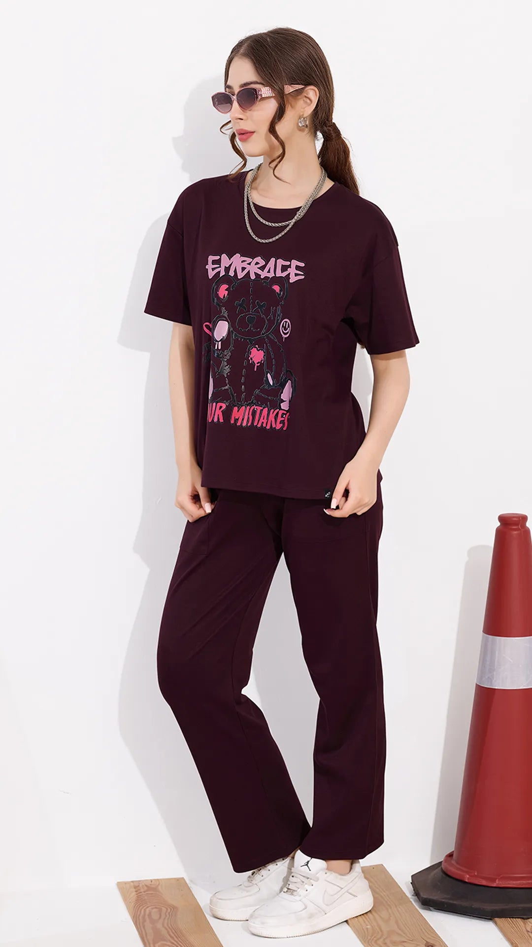 Wine Printed Half Sleeves Round Neck