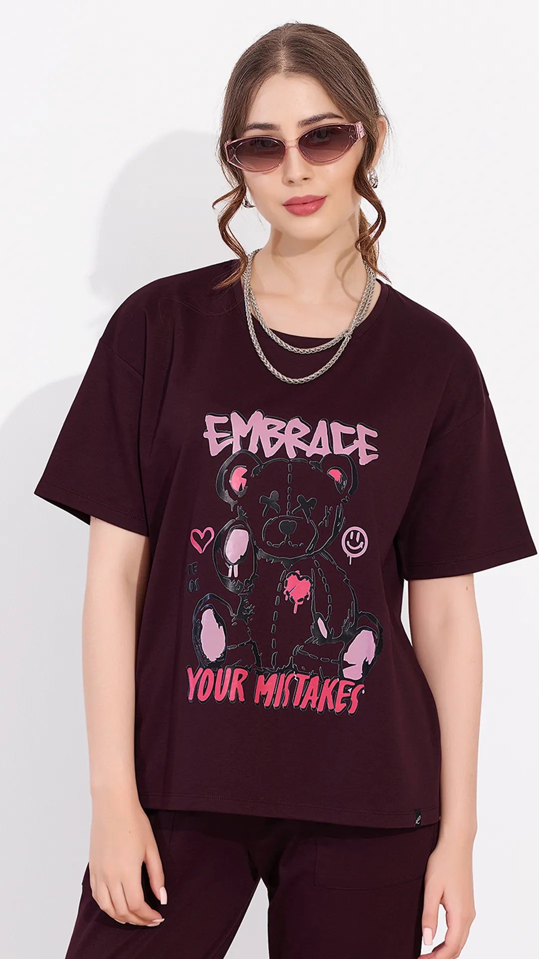 Wine Printed Half Sleeves Round Neck