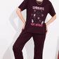 Wine Printed Half Sleeves Round Neck