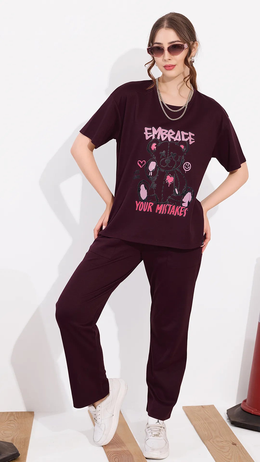 Wine Printed Half Sleeves Round Neck