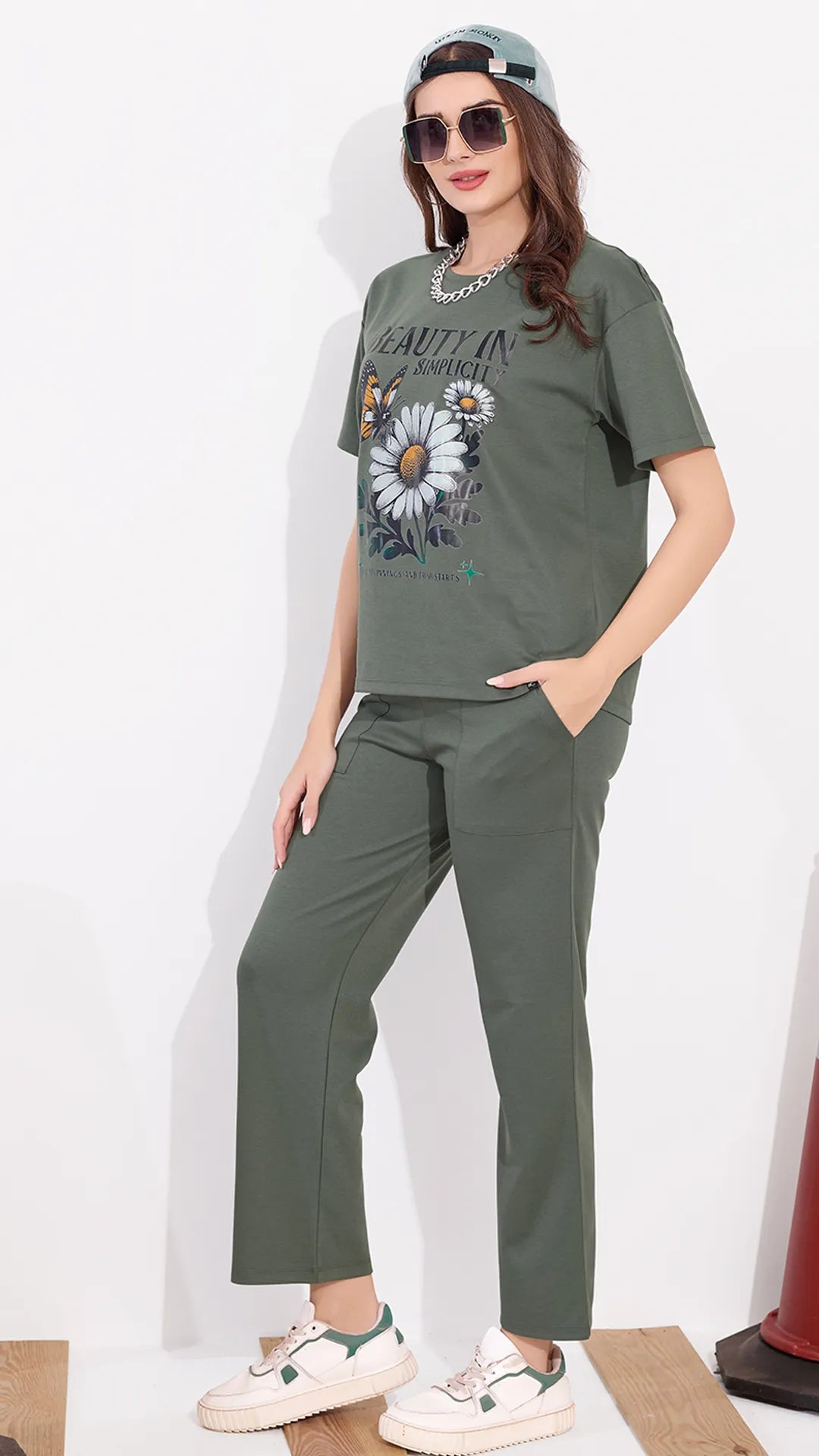 Olive Printed Half Sleeves Round Neck