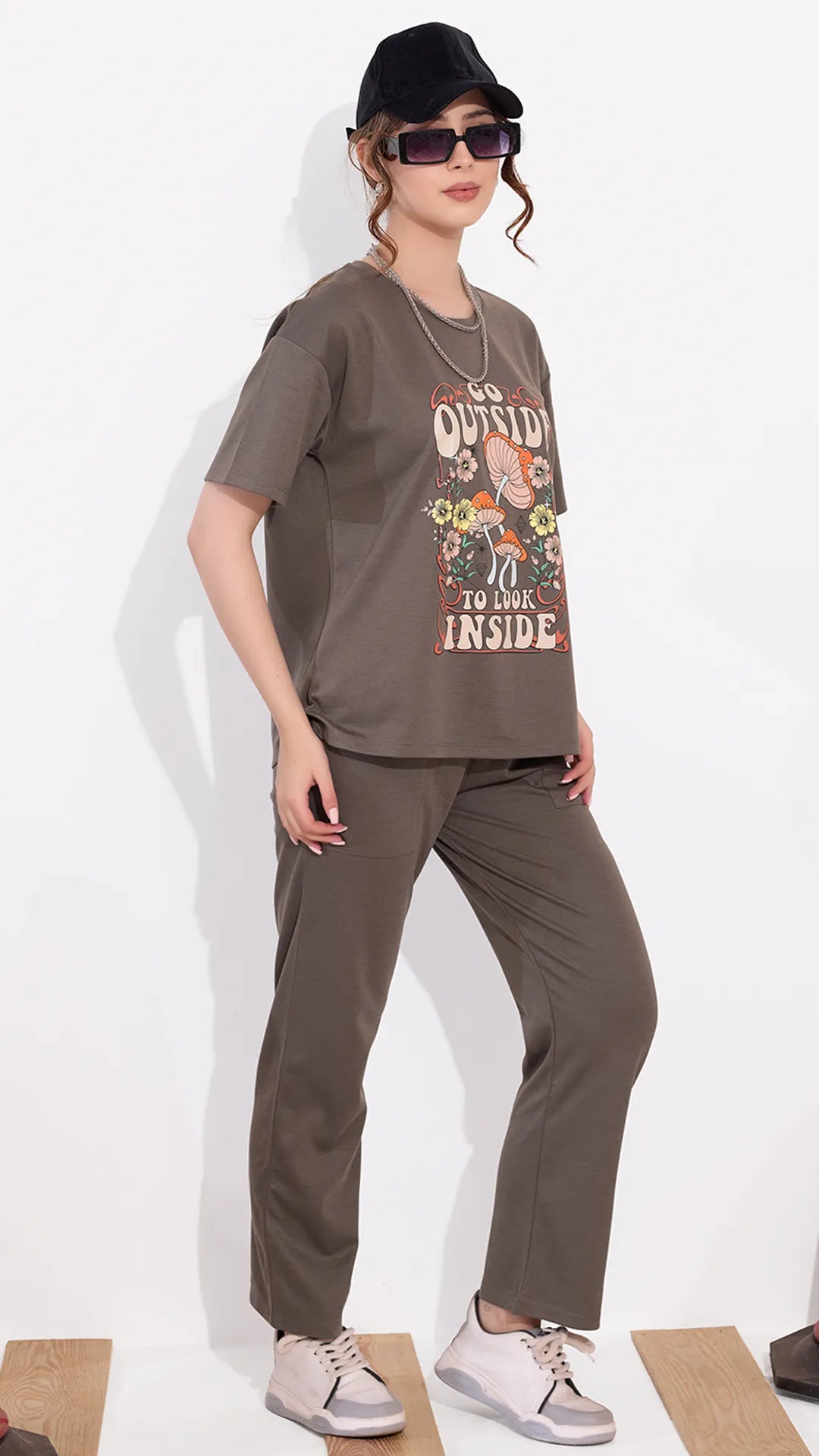 Brown Printed Half Sleeves Round Neck
